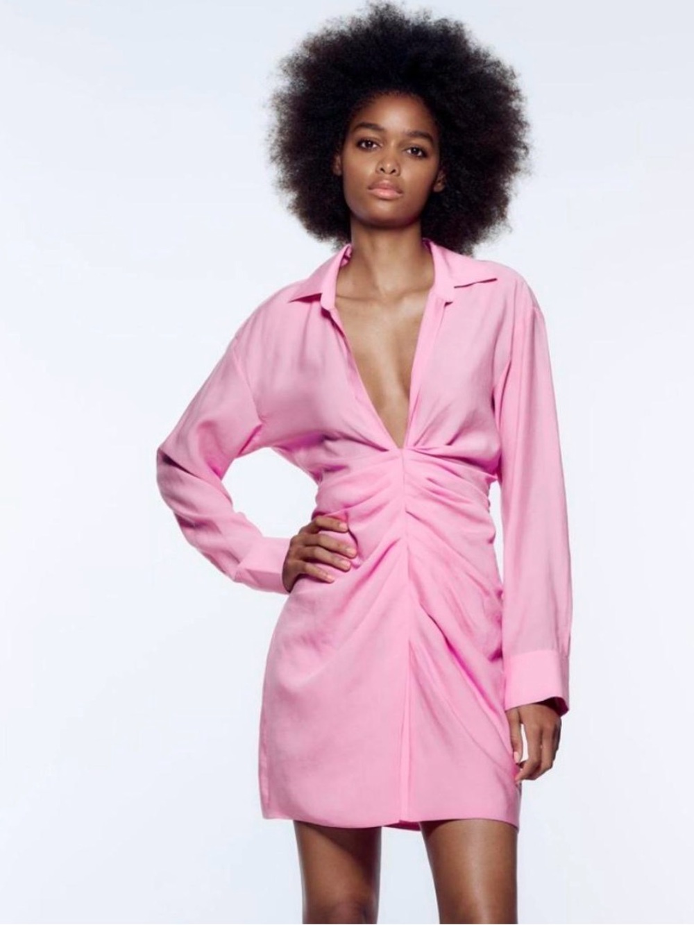 Zara | Bright Bubble Gum Pink Ruched Collared Draped Shirt Dress | Sz M